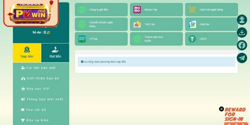 Các phương thức nạp rút tiền PKWIN tiện lợi